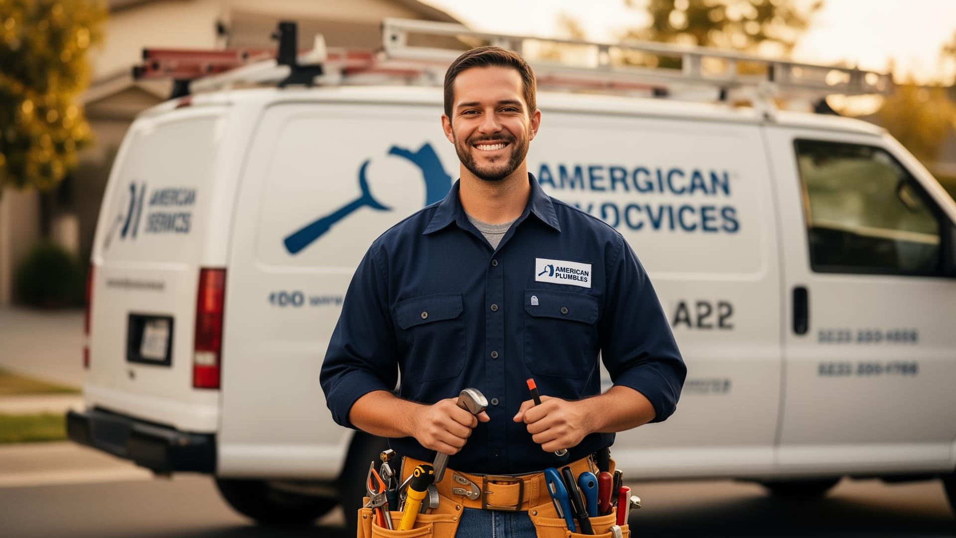 Licensed plumber in uniform standing in front of a service van — Pipe Dream Plumbing
